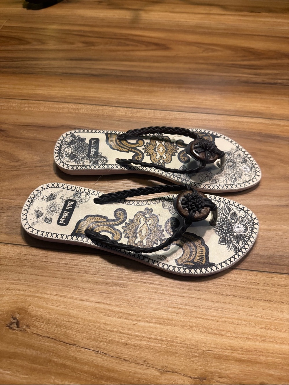 Braided Black Strap Sandals with Cream Paisley Footbed